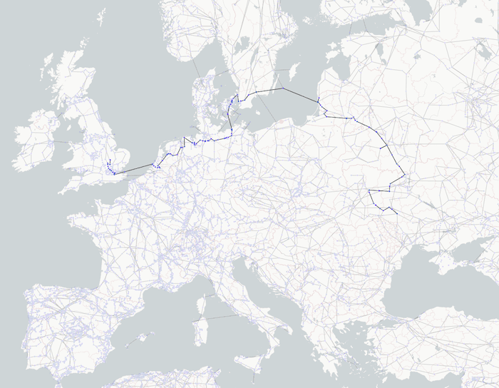 visualizing network infrastructure - The shortest path in the energy grid between Ukraine and the UK