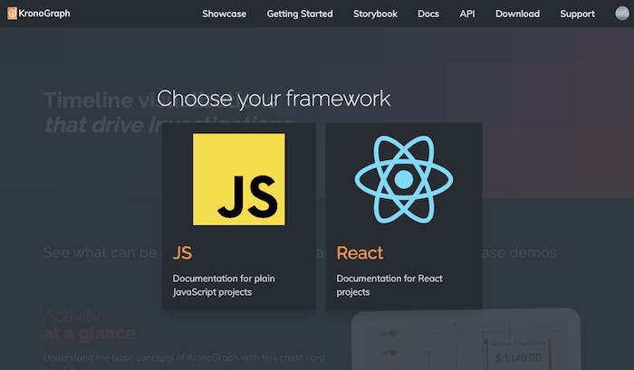 KronoGraph documentation supports both JavaScript and React versions
