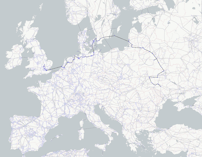 A zoomed in ReGraph graph visualization and map showing the shortest path in the energy grid between Ukraine and the UK