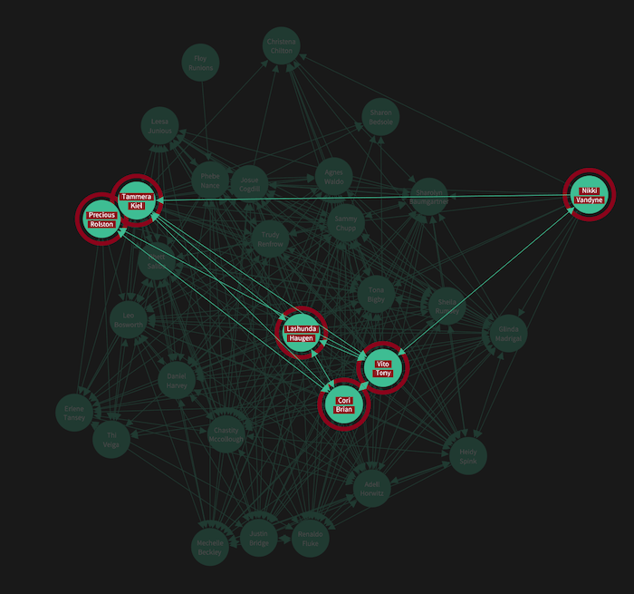 Our visual network analysis tool with focus on the links between employees of interest 