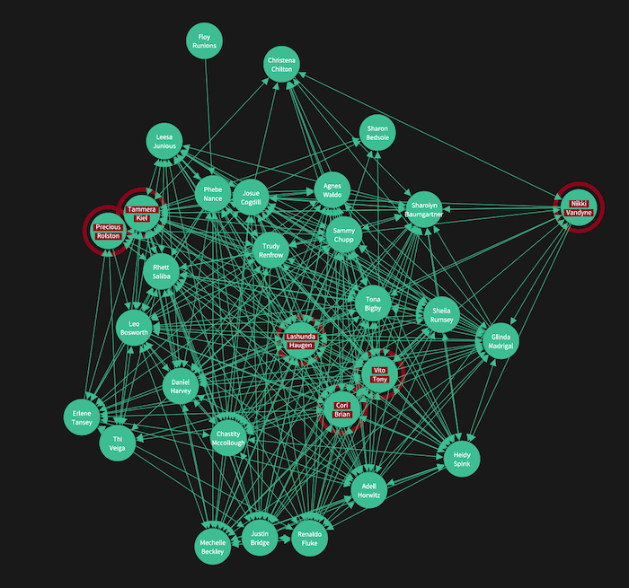 Our visual network analysis tool with nodes styled with red borders found as a result of search makes them easier to spot