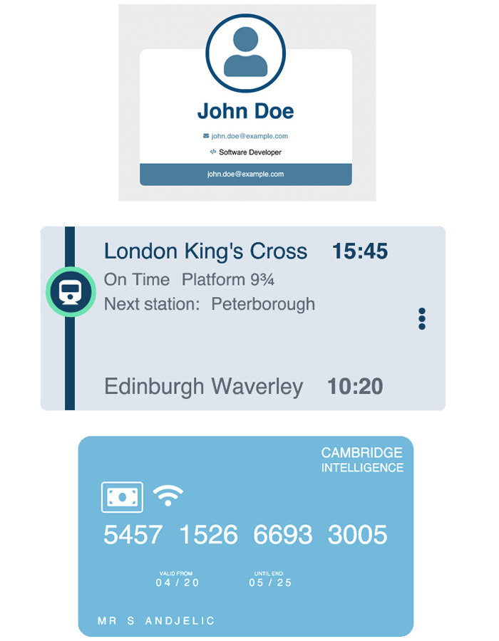 Multi-labelled nodes representing a train schedule, a payment card and a name tag