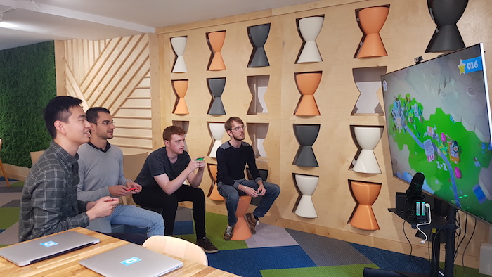 Enjoying some time-out with the other interns in one of the breakout spaces. From left to right: me, Federico, Toby and Augustin.