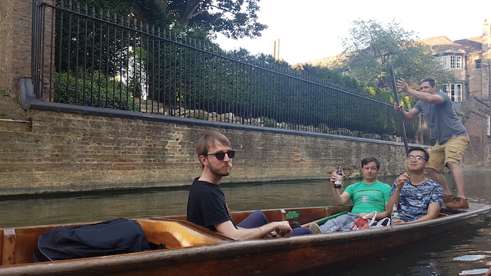 Punting is always more fun when you’re passenger! At the punting social with some colleagues from back to front: Scott, me, Adrian and Augustin.