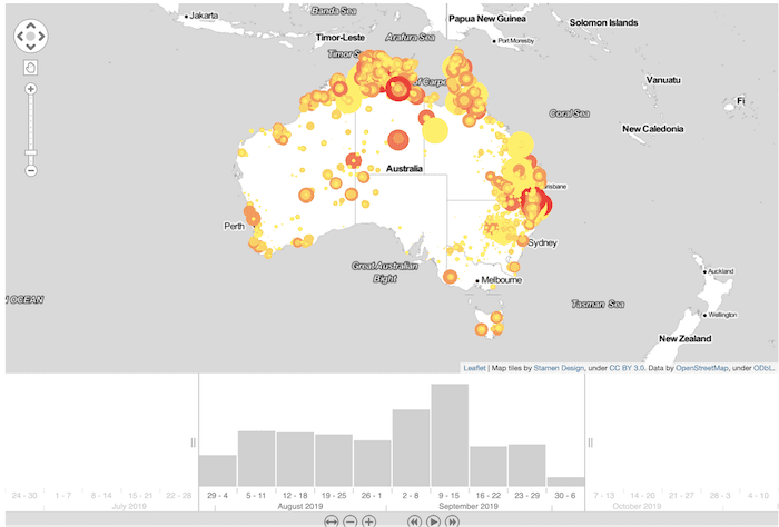 Sonali's recent Friday project mapped geolocations of Australian wildfires sized by intensity