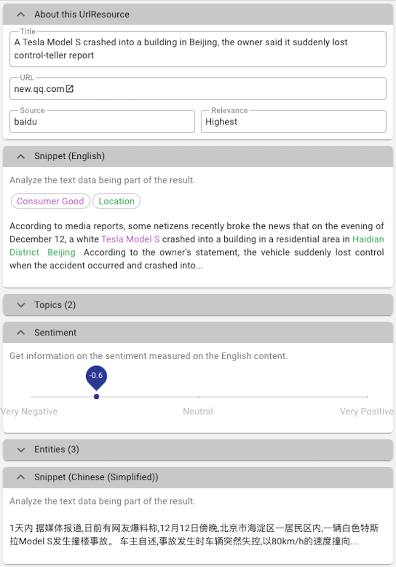 A closer look at a search result, showing the entities identified through NLP.