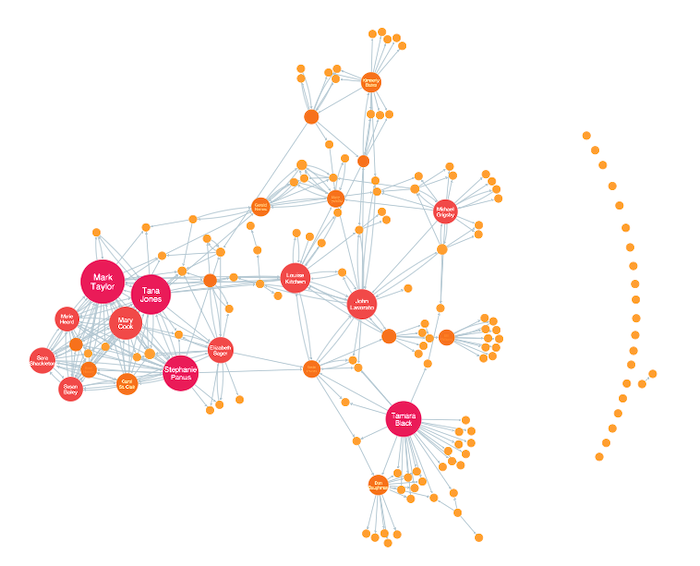 Visualization of social network analysis including singleton nodes