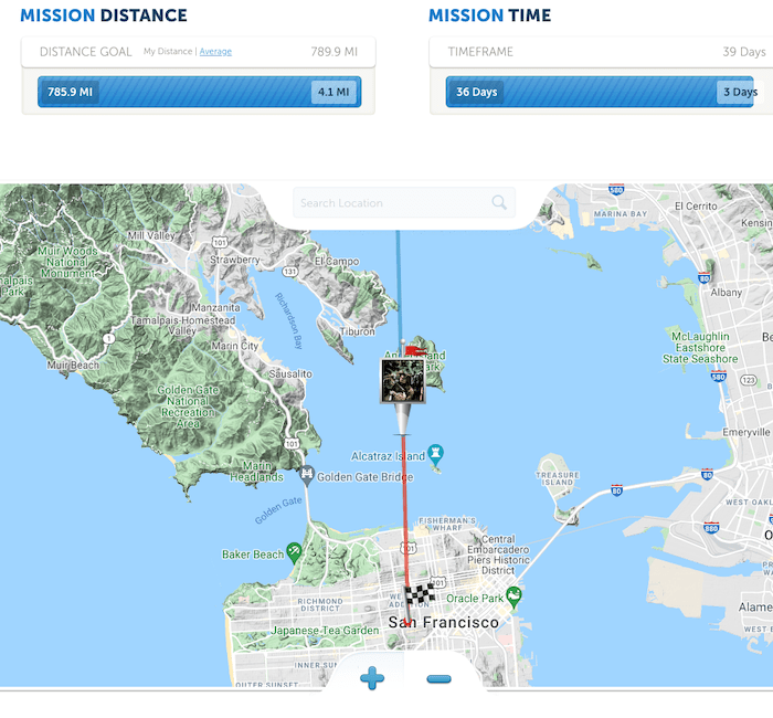 Map of North America showing the team's virtual mission progress between Vancouver and San Francisco.