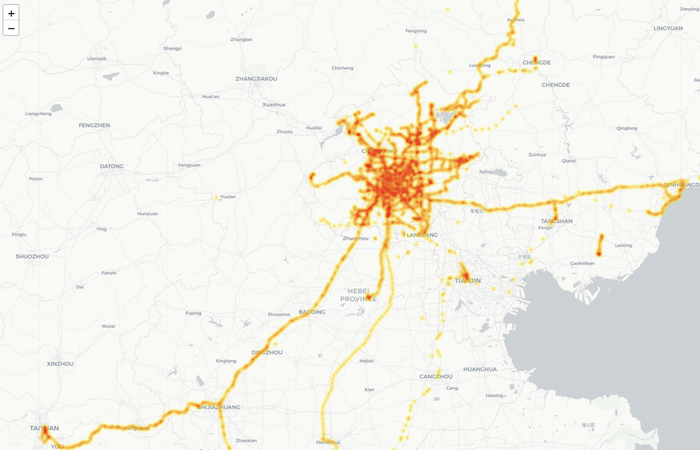 A Leaflet map of Beijing and surrounding provinces with data points representing study volunteers.