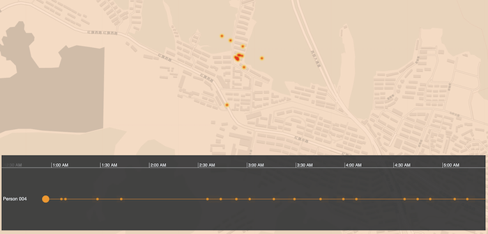 We visualize GPS data and timelines to reveal volunteer #4's overnight location.