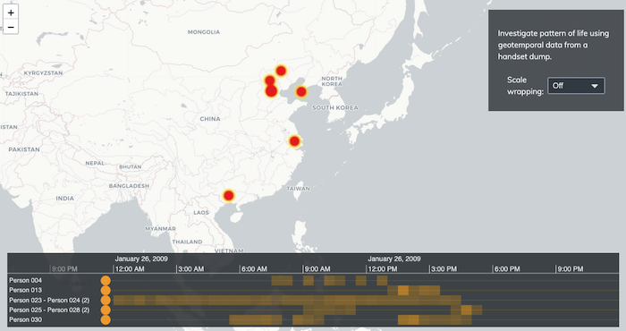 A KronoGraph interactive heatmap and Leaflet geospatial map revealing times of visits volunteers made to locations in and around Beijing.
