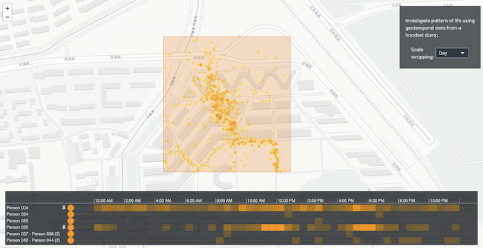 A KronoGraph interactive heatmap and Leaflet geospatial map that can identify residents of Tsinghua University.