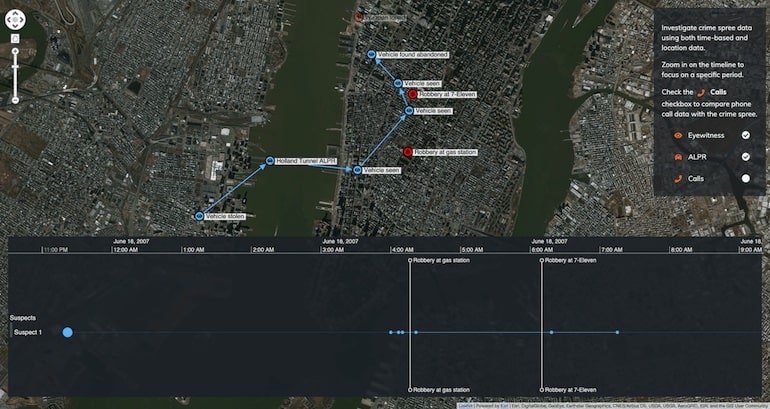 Interactive timeline tools: With ALPR data, we get a more detailed view of our suspects movements through the Holland Tunnel