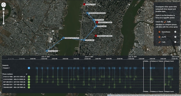 Our interactive timeline tools now contain data from four sources: robbery times, eye witness reports, ALPR matches and the suspect’s phone calls