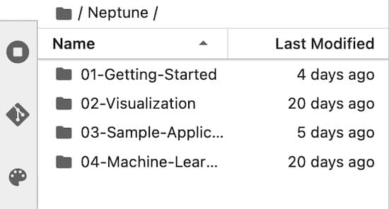 Four example graph notebooks available in the JupyterLab interface