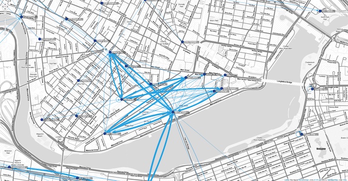 Map of stations with blue arrows showing journeys