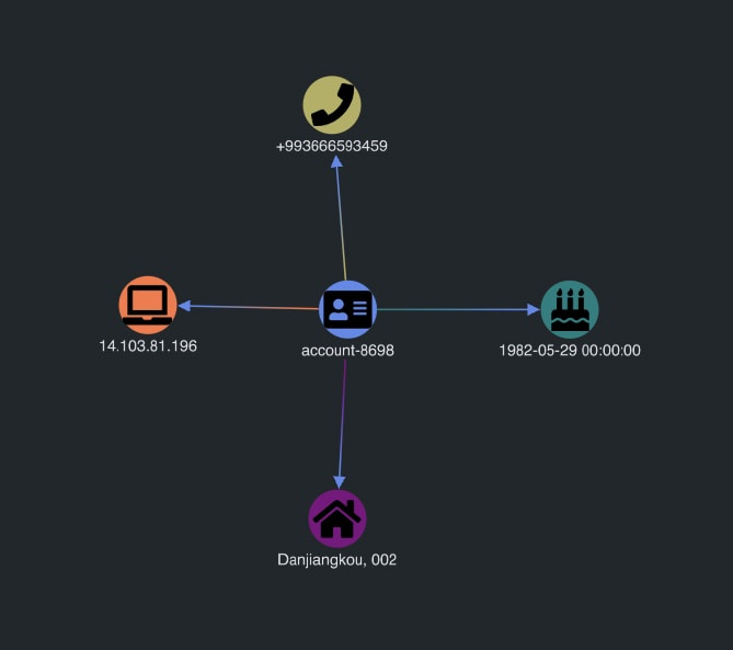 Properties of a credit card account holder from our identify fraud dataset visualized using KeyLines