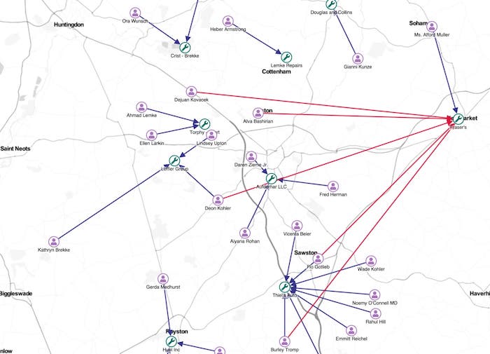 This ReGraph visualization for investigating insurance fraud uses geocoded data to reveal how far drivers were traveling to get their cars fixed.