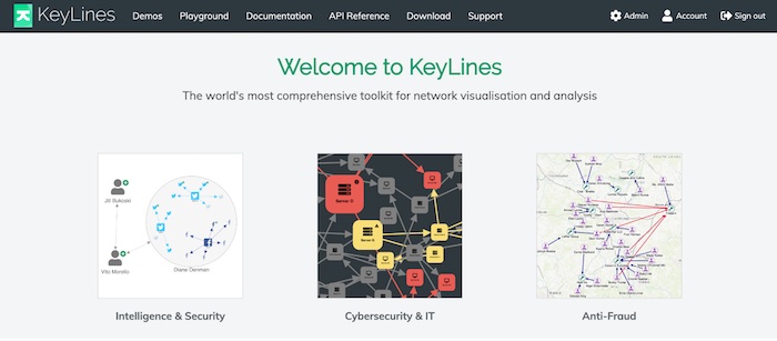 The KeyLines SDK homepage featuring a welcome message