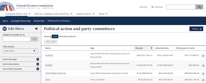 The FEC website page listing political action and party committees