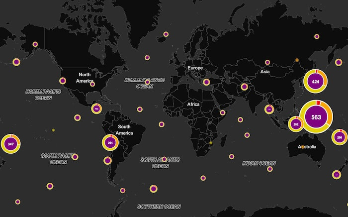 A map visualization of earthquakes grouped as combined nodes