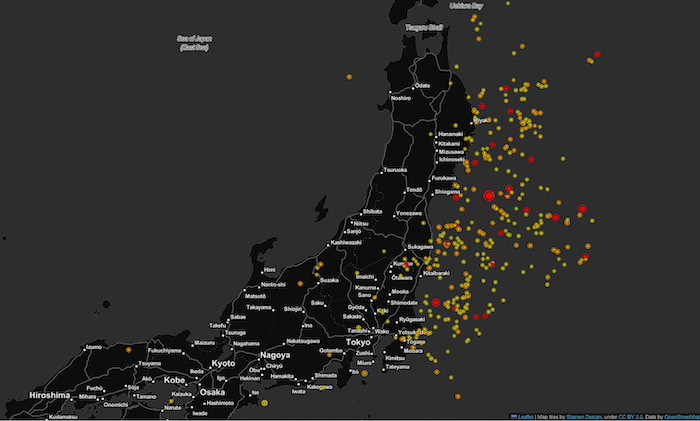 A map visualization of earthquakes in and around Japan between 2010-2016