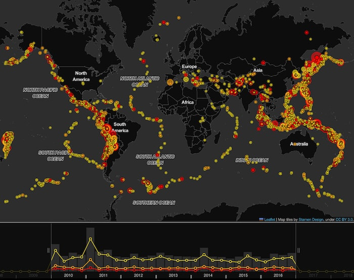 A visualization of earthquake data on a world map
