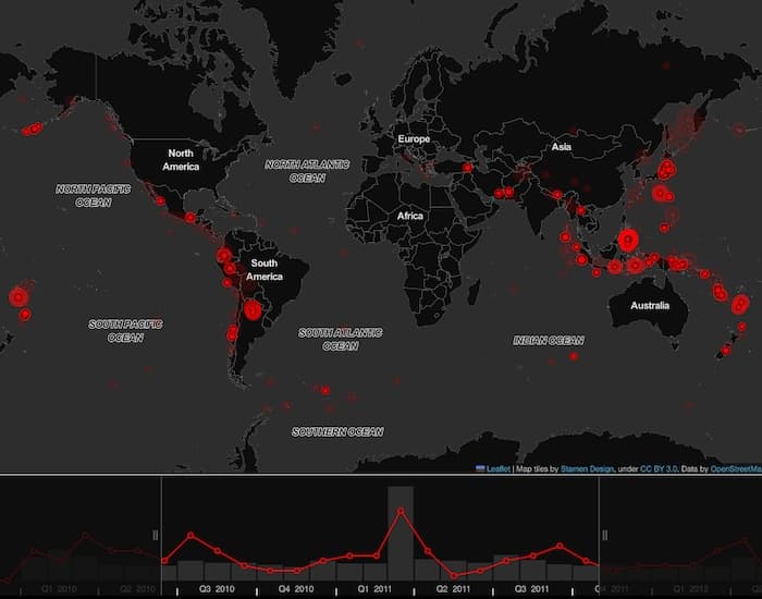 A map visualization and time bar where nodes are filtered to show only the most severe earthquakes that took place between 2010-11