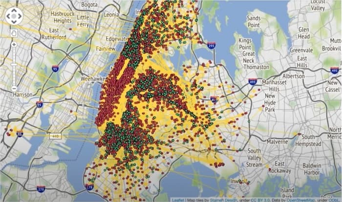 A zoomed in KeyLines graph visualization showing taxi cab data across Manhattan