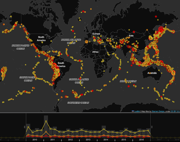 A geospatial visualization of earthquake activity
