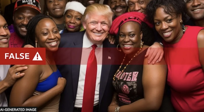 AI-generated false image of Donald Trump smiling surrounded by people of color