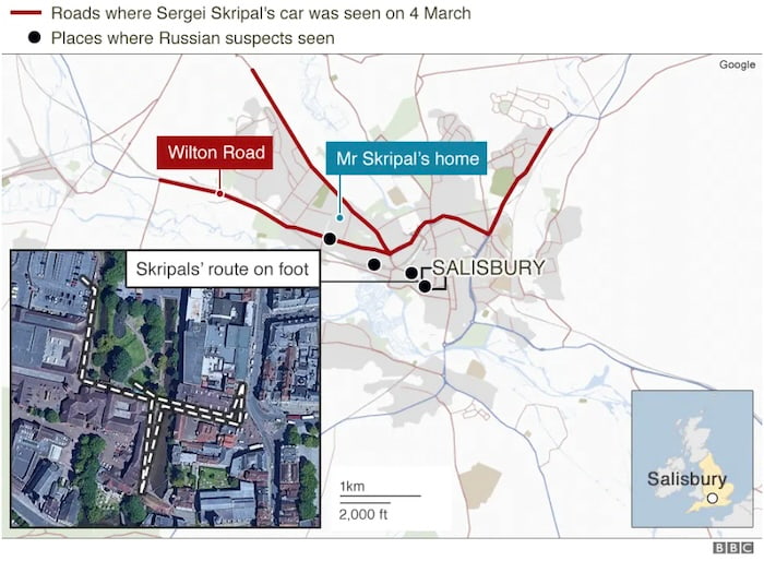 Map taken from the BBC News site showing locations involved in the Salisbury poisonings