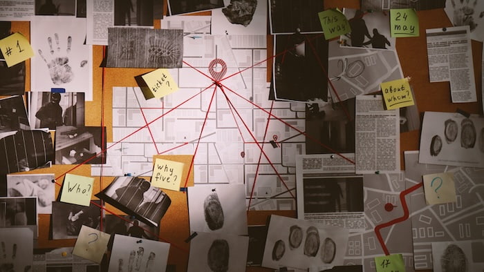 A typical fictional evidence board designed to answer the who, what, where, why and how questions of an investigation