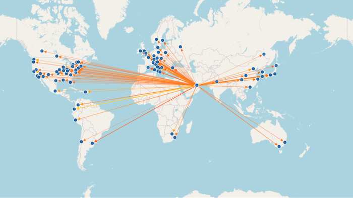 Node-link chart with geotags against a geographic map