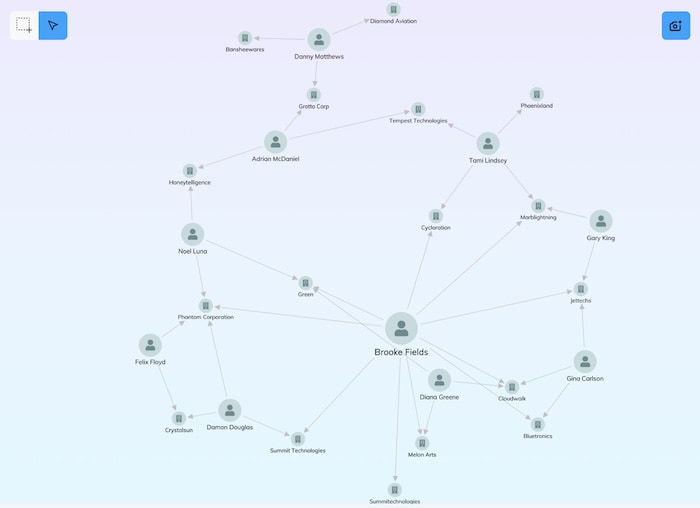 A KeyLines graph visualization with nodes and links representing companies and their directors