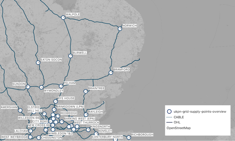 The transmission overhead line and cable (navy lines) network from the National Grid, overlaid with the grid supply points from UKPN (white dots with navy borders and text labels) and visualized using QGIS