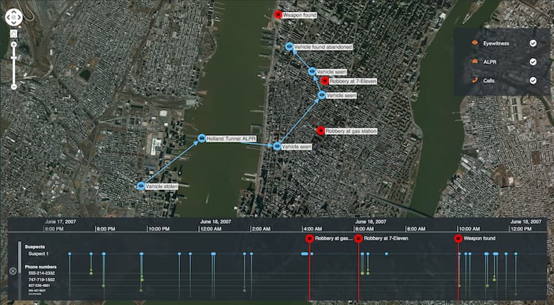 A KronoGraph timeline next to a KeyLines network visualization investigating how a major crime unfolded.