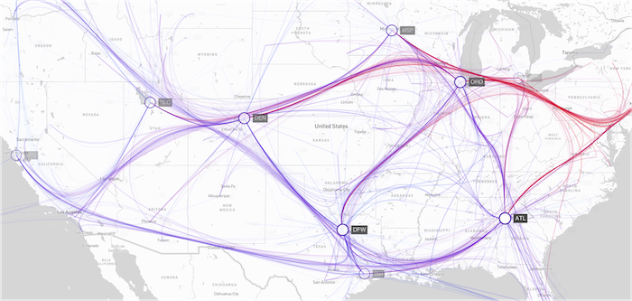 A geospatial visualization after bundling routes