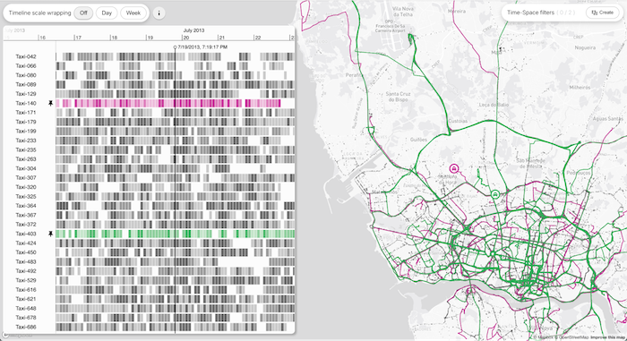 Timeline and geospatial visualization focused on a map of Porto