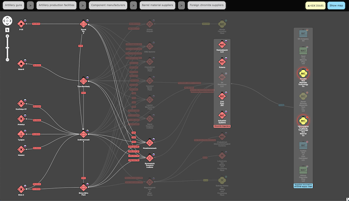 Supply chain network highlighting impacted Chinese supplier nodes with alert halos and foregrounded downstream facilities affected by disruptions.