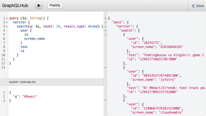 The query to look up 15 tweets displayed in the GraphQLHub/PlayGround