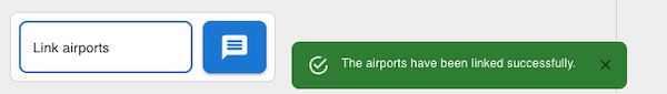 A ChatGPT text box showing a command to link airports in our AI data visualization plus a confirmation message that they've been linked successfully