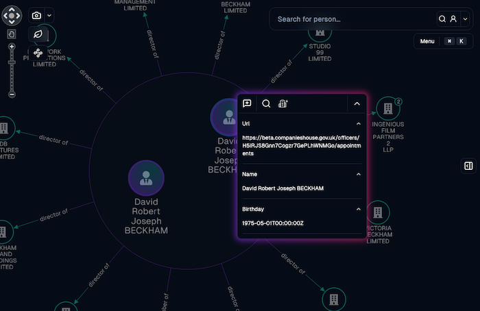 A pop-up showing further information about a node