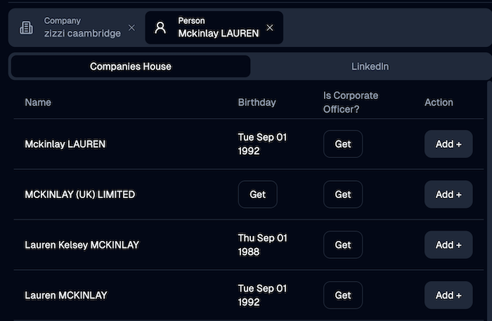 A list of companies all linked to the name Lauren McKinlay