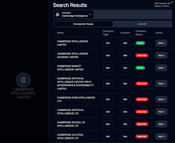 A list of search results with interactive green and red buttons