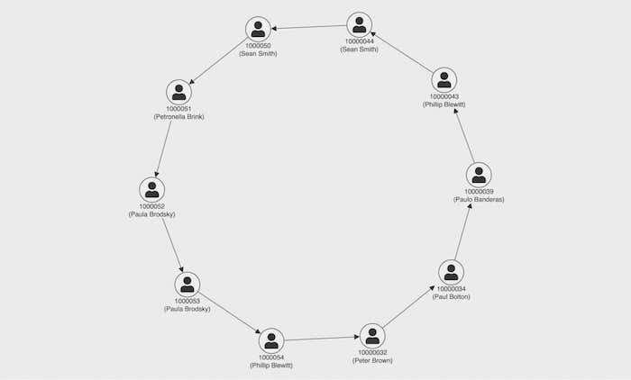 A financial fraud ring visualized from one simple AQL query