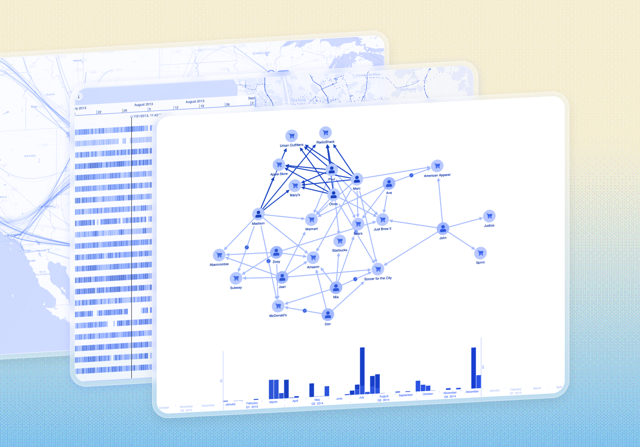 multiple screenshots from the data visualization SDKs provided by Cambridge Intelligence