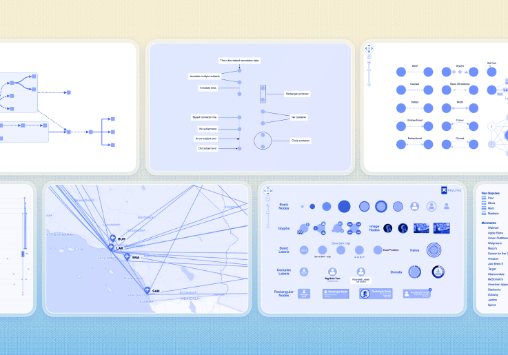 multiple screenshots from the data visualization SDKs provided by Cambridge Intelligence