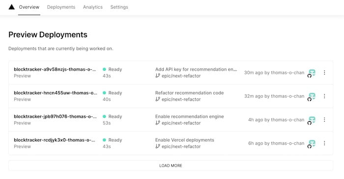 Screen listing details of 4 deployments currently being worked on